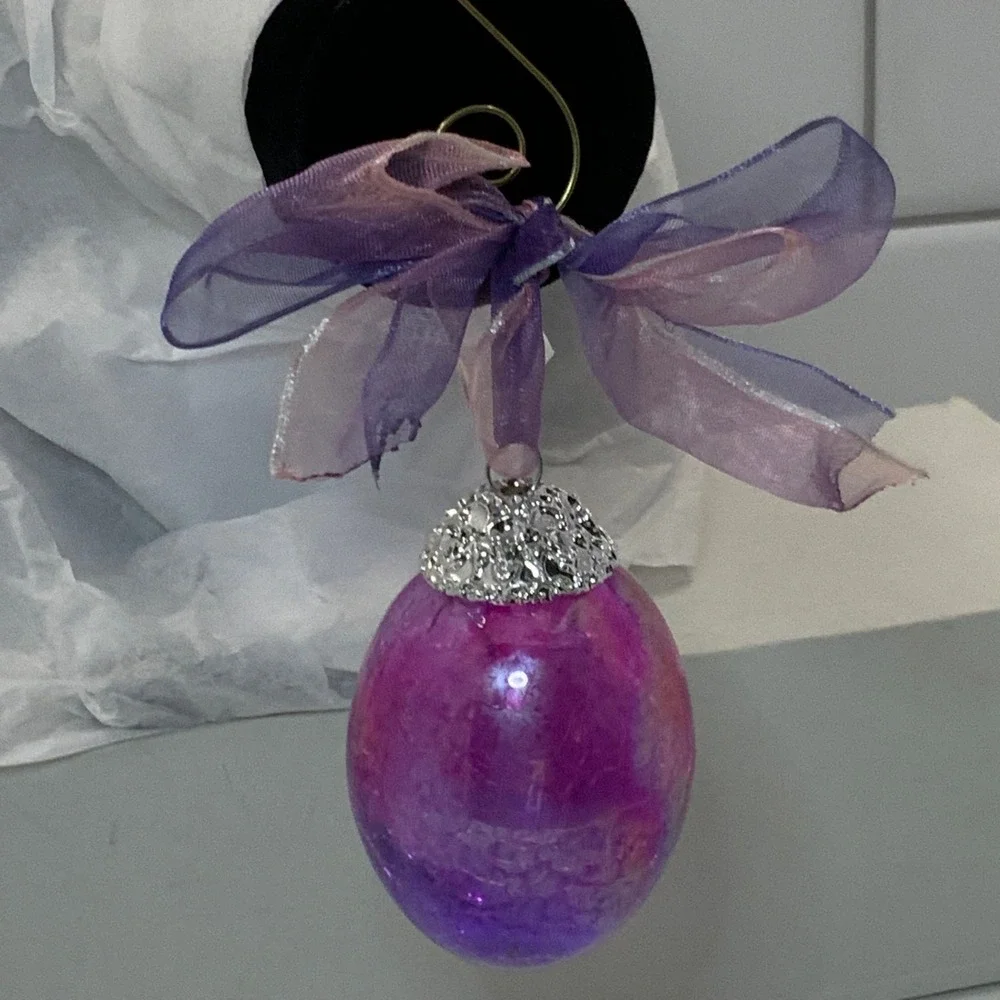 Artisan Purple Pink Glass Egg Ornament with Silver Filigree Cap and Ribbon Bow‎